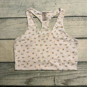 Kittenish white with yellow floral print crop tank sports bra style top. L
